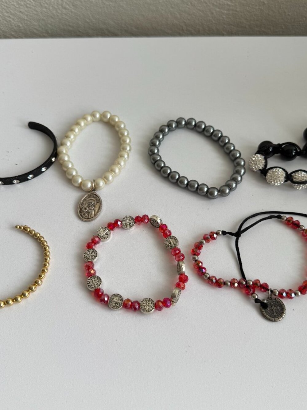 7 Pc Mixed Bracelet Bundle Religious San Benito Pearl Rhinestone Beaded Stack
